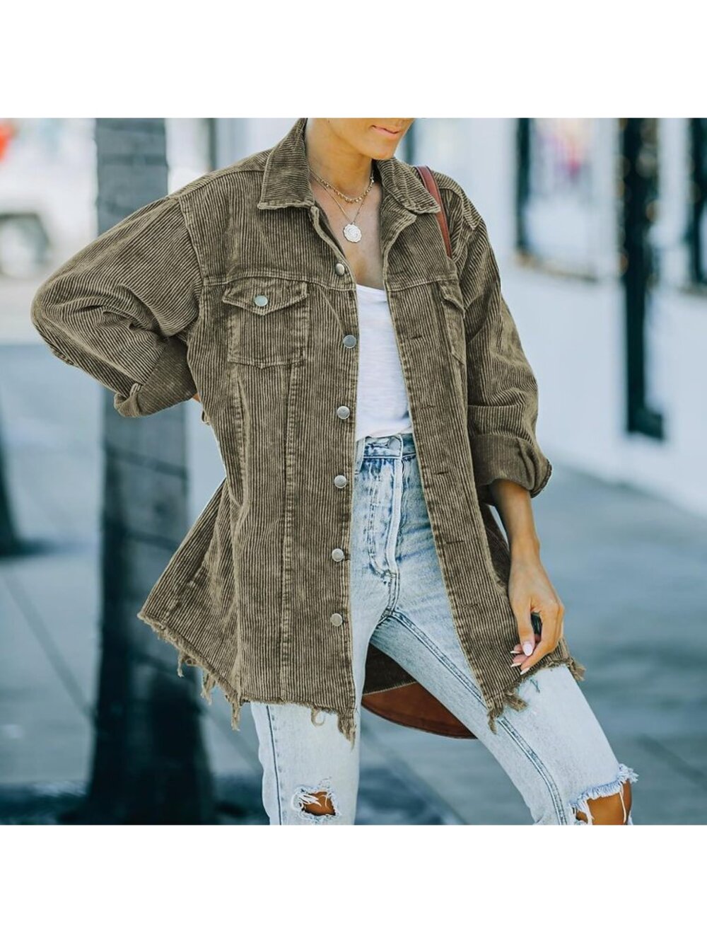 〽️Army Green Women's Corduroy Shacket Oversized Retro Button Down - Picture 4 of 4